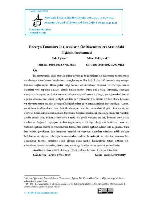 Ebeveyn Tutumları ile Çocukların Öz Düzenlemeleri Arasındaki.