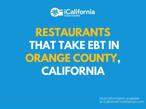 Ebt restaurants orange county. The Ventura County Restaurant Meals program applies to those who are homeless, elderly (age 60 or older), or disabled. If you are one of the groups above and have an active California EBT Card, you can use your CalFresh benefits to buy food at select restaurants. This includes hot food that can be eaten at the premises. 