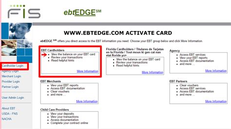 To activate your EBT Credit card by using the Cardholder Portal:1. Go to ebtEDGE website.2. In the left-hand column, click on “Cardholder Login”.3. Enter you.... 