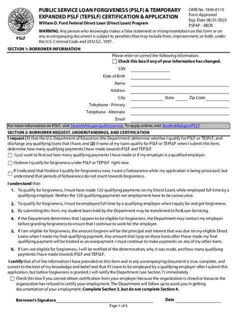 PSLF ECF. PUBLIC SERVICE LOAN FORGIVENESS (PSLF): EMPLOYMENT CERTIFICATION FORM . William D. Ford Federal Direct Loan (Direct Loan) Program WARNING: Any person who knowingly makes a false statement or misrepresentation on this form or on any accompanying document is subject to penalties that may include fines, imprisonment, or both, under . 