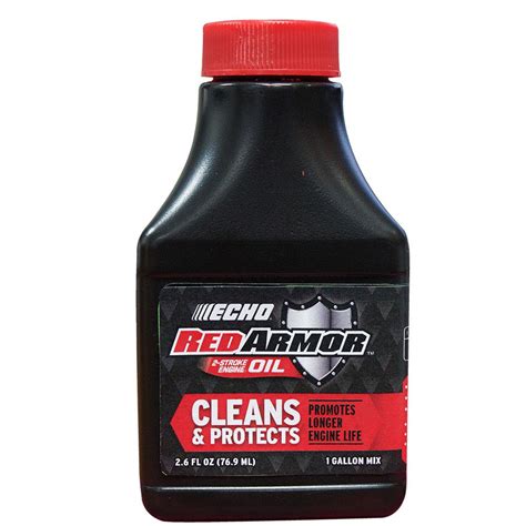 Echo red armor. Includes (1) 6550005S Engine Oil Bottle. Echo Red Armor 2-Stroke Engine Oil 12.8 oz Bottle 50:1 Mix for 5 Gallons of fuel. Echo's Red Armor Oil is an exclusive formula that includes powerful detergents to remove performance-robbing caked on deposits and carbon upon first use. Specially-formulated lubricants prevent piston scuffing and stuck rings. 