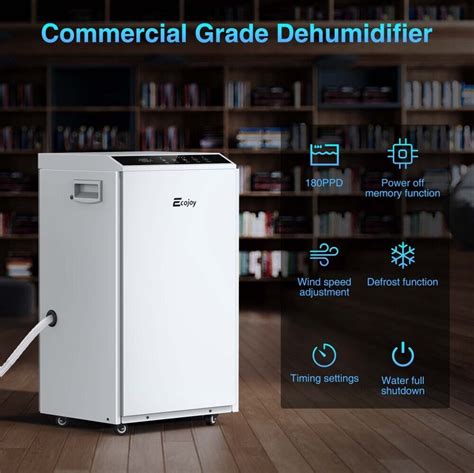 Ecojoy dehumidifier. Highlights 【180 PINTS DEHUMIDIFIER】This dehumidifier with 386 CFM airflow volume can remove up to 180 pt. of moisture from the air per day at saturation (90°F, 90%) (93 PPD @ AHAM), ideal for flood & water damage restoration, carpet cleaning, fast drying in indoor gardening/greenhouse/pool/spa, construction areas, marine environments and large spaces up to 6,000 sq.ft. 