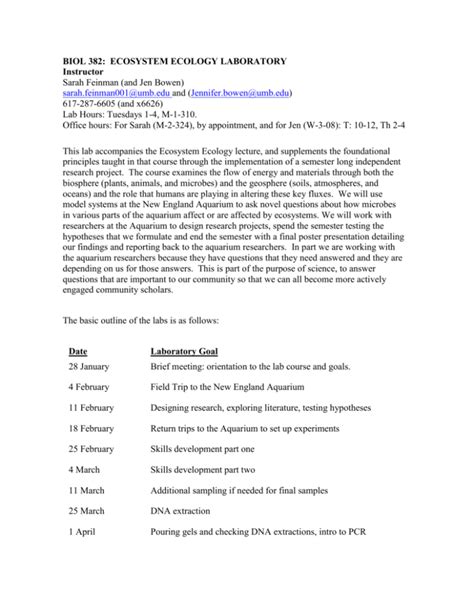 Ecology lab syllabus.  We will cover a large amount of material very qui...