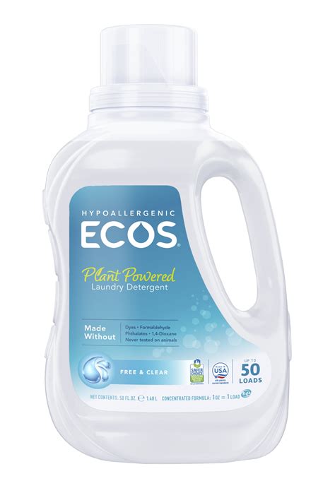 Ecos laundry. 50 loads. Plant powered. Stain fighting enzymes. Made without: Dyes. Formaldehyde. Phthalates. 1, 4-dioxane. Never tested on animals. 1 sheet = 1 load. 