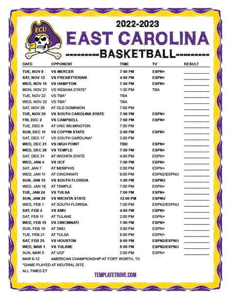 The official 2021-22 Men's Basketball schedule for the East Carolina University Pirates. ... Away Team Final Score: Winner: Home Team Final Score:. 