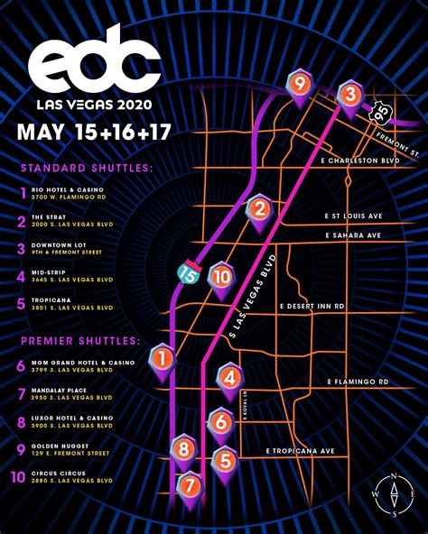 EDC Orlando 2023 – Shuttle Info: Single-day or three-day shuttle passes are available for EDC Orlando 2023 via Front Gate. Shuttles depart from 12pm – 8pm and return starting at 9pm until 60 minutes after the music stops at kineticFIELD. Head to their website for other hotels that are close by. Shuttle Pick-Up Locations: Orange Line. 
