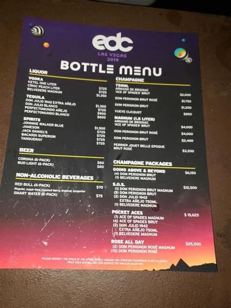 Edc bottle service prices. EDC Skydeck Bottle Service Menu (In case you were curious) Man even if I were rich I wouldn’t wanna be paying 14x over retail for a damn bottle. Imagine paying $600+ for a $20 bottle of Captain Morgan lmao. I'm actually surprised people buy any of this. I have a hard time paying $17 for the watered down mixed drinks. 