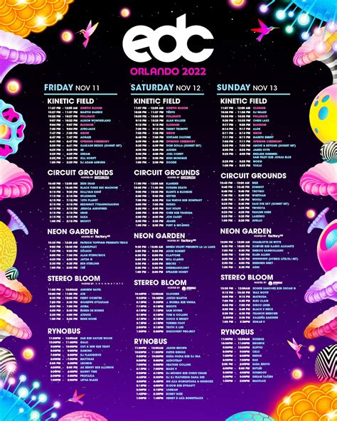 Edc orlando set times 2022. stereo BLOOM Take in the various shades of dance music, from house to bass music to trance and beyond. Hosted by Insomniac Records and Dreamstate, stereoBLOOM offers up sounds from known artists and up-and-comers alike. / Wide Awake Art Car 