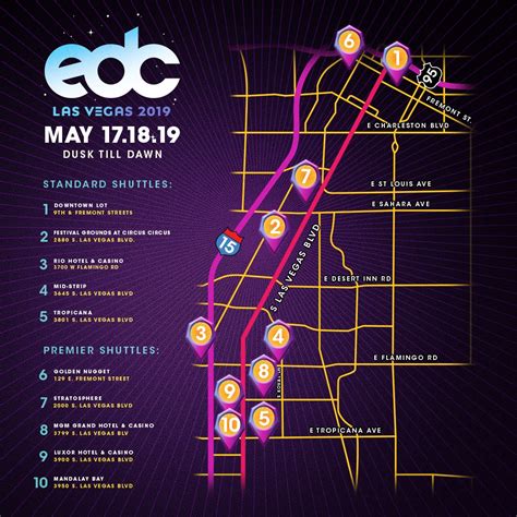 Standard shuttle stops include 3-day roundtrip transportation to and from EDC Las Vegas that depart continuously from 6:00 p.m. – 11:30 p.m. Return service from EDC back to each designated ...