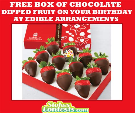Edible arrangements birthday freebie. Edible Arrangements Birthday Freebie. You can get Edible Arrangements Birthday Freebie by clicking the link. On that page, there are current promo codes, coupons or deals etc. Select one of them and enjoy the discount! Here you go, that is your coupon code. 