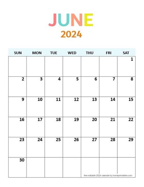 Editable Calendar June 2024