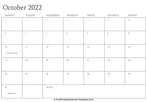 Editable Calendar Template October 2022