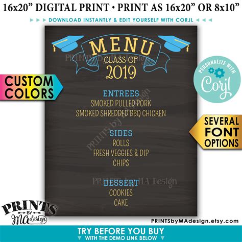 Editable Grad Menu Board, Graduation Party Menu for Reunion, Custom PRINTABLE 8x10/16x20” Menu Sign
