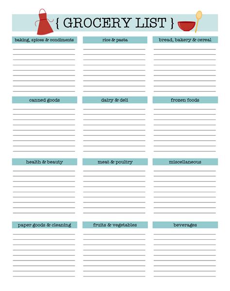 Editable Grocery List Template Exce