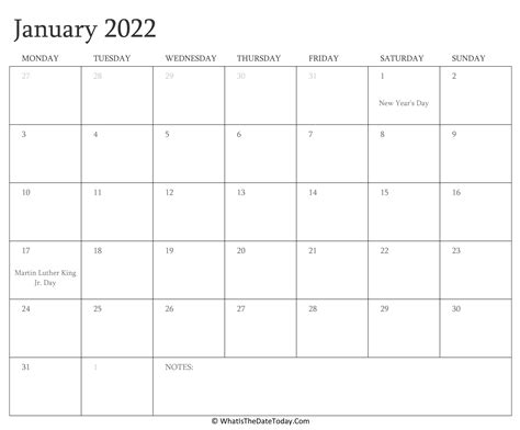 Editable January 2022 Calendar