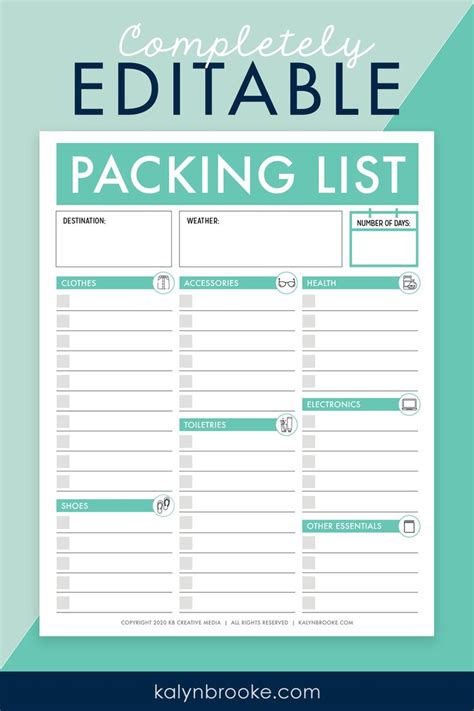 Editable Packing List Checklist Printable