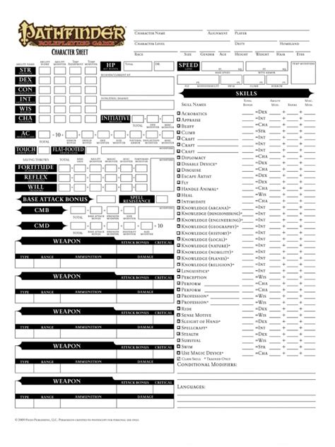 Editable Pathfinder Character Sheet