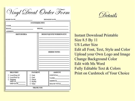 Editable VINYL DECAL Order Form Printable Ready to Use Etsy