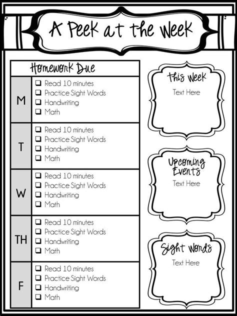Editable Weekly Newsletter and Homework Checklist Kindergarten