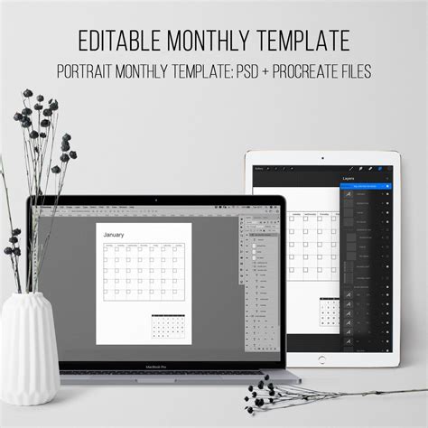 Editable monthly Calendar Template Portrait PSD Procreate DigitallyWild