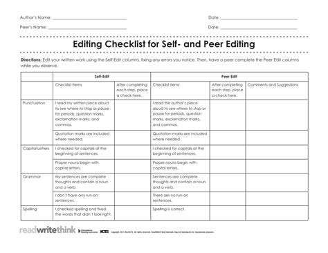 Editing Checklist Template for Self and Peer Editing Download Fillable