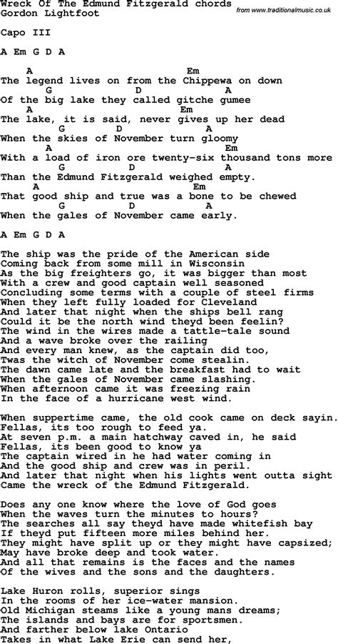 Edmund fitzgerald lyrics and chords. “The Wreck of the Edmund Fitzgerald” by Gordon Lightfoot uses sus2 chords, alternate bass notes, Mixolydian mode, plus half-step and whole-step bends. The music is in the 6/8 time signature and uses a sixteenth-note strum pattern. Follow along with the chord diagrams and guitar tablature in the following video to play the chords and lead […] 