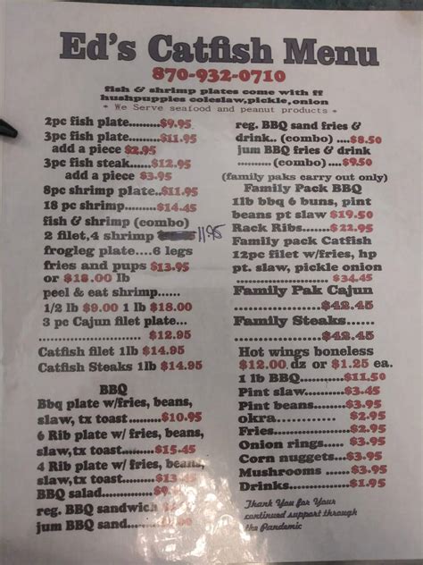 Eds catfish menu. Seafood, Fish | $$. Get delivery or takeout from Ed's Catfish. at 2512 East Highland Drive in Jonesboro. Order online and track your order live. 