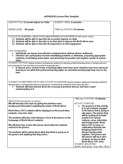 Edtpa/Otes Lesson Plan Template PDF Educational Assessment Lesson