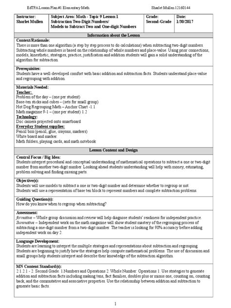 Edtpa Lesson Plan 1 Elemmath PDF Lesson Plan Subtraction