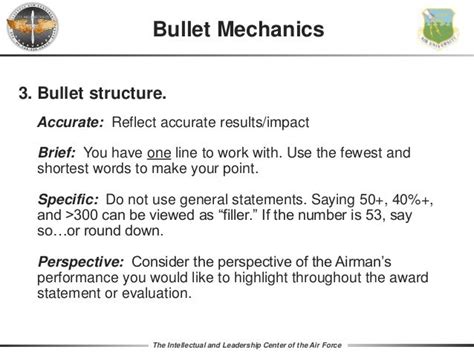 Examples of Air Force EPR bullets for Instructors. Instructor/ Trainer EPR Bullet Examples. See also: Instructor/ Trainer Awards and Decorations. JOB DESCRIPTION - Supervises/instructs 5.5K Amn/Sailors in a 558-hr prgm; AF's 2nd largest entry lvl crse; awds 38K CCAF hrs - Maintains 710-page METC lesson plan (LP), teaches 249 line …