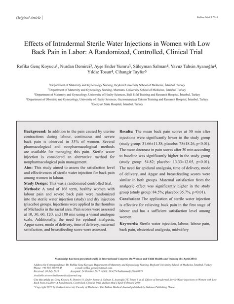 Effects of Intradermal Sterile Water Injections in Women with