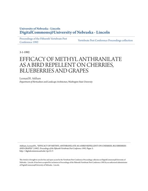 Efficacy of methyl anthranilate as bird repellent on cherries ...