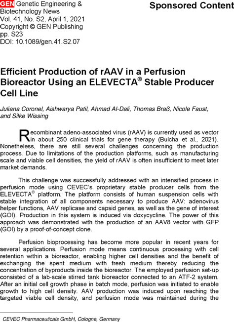 Efficient Production of rAAV in a Perfusion Bioreactor Using an ...