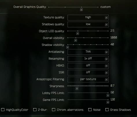 Sharpness - 1.0. My recommendation, might be different depending on monitor settings and Freestyle setup (if any). FPS limits highest. I'd recommend getting around caps by forcing V-Sync OFF in Nvidia control panel for EFT.exe and turning ON V-Sync in-game. Checkboxes off. Reduces visiblity and FPS.. 