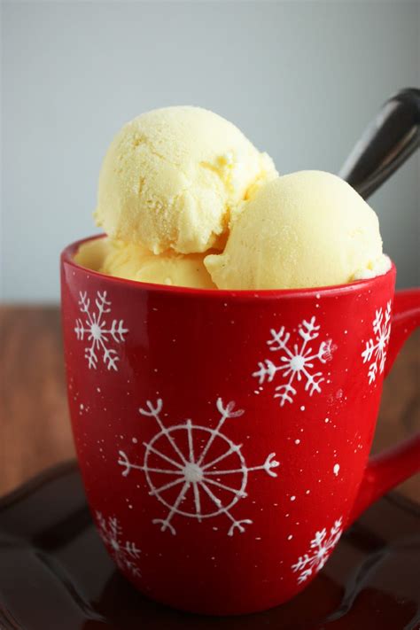 Egg nog ice cream. In a mixing bowl, gradually add the sugar into the egg yolks and whisk until thick and pale. Step 3. Whisk 1 cup of the warm milk into the yolk-sugar mixture. Add this back to the milk in the pan, stirring over low heat until thickened and blended. Turn off the heat and quickly stir in the cream. Step 4. 