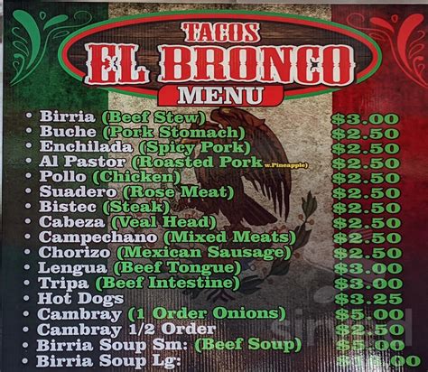 El bronco tacos. Taqueria El Bronco. Unclaimed. Review. Save. Share. 40 reviews #240 of 1,026 Restaurants in Saint Louis $ Mexican Latin Spanish. 2812 Cherokee St, Saint Louis, MO 63118-3016 +1 314-762-0691 Website Menu. Open now : 09:00 AM - 10:30 PM. 