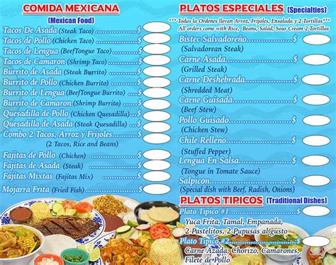 El buen gusto salvadoreno menu. Specials. At El Sabor Salvadoreño Restaurant we are known for our amazing dishes but our menu consists of special dishes such as grilled steak, grilled chicken, fried fish, fish fillet, shrimp and onions, chicken fajitas, meat fajitas, and much more. Try our dishes today! 