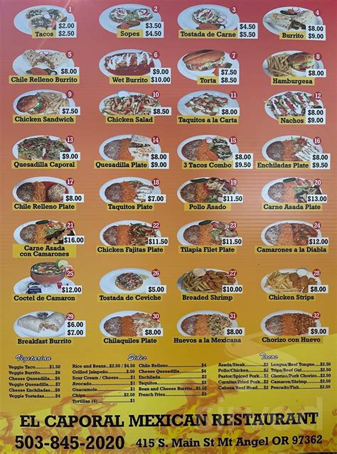 El caporal mount angel menu. MT Angel El Caporal. Rated 4.5 stars. (38) 415 S Main St, Mount Angel, OR, 97362| Mexican Tacos. Estimated time 20 min. View map and hours. 