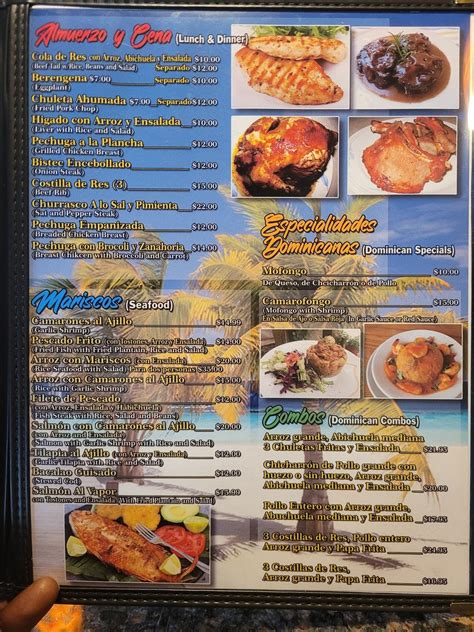 El dominicano restaurant menu. Lunch Special 1 (LARGE) $11.04. Any Choice of One Meat, Stew Chicken, Baked Chicken, Fried Pork, Pigs Feet, Sphagetti/w Chicken, With any Side of , White Rice/beans, Yellow rice/peas, Black Rice,Black Beans, Cassava, Mash potatoes Please specify. 