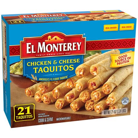 El monterey taquitos. El Monterey Chicken & Cheese Taquitos (2 taquitos) contains 24g total carbs, 23g net carbs, 12g fat, 8g protein, and 230 calories. Net Carbs. 23 g. Fiber. 1 g. Total Carbs. 24 g. Protein. 8 g. Fats. 12 g. 230 cals Quantity Serving Size Nutritional Facts Serving Size: 2 taquitos ... 
