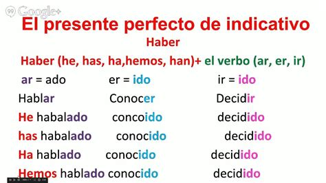 Como se puede observar, la formación del presente perfecto es la habitual en los tiempos perfectos del español: se conjuga primero el verbo haber, en presente de indicativo, y posteriormente se .... 
