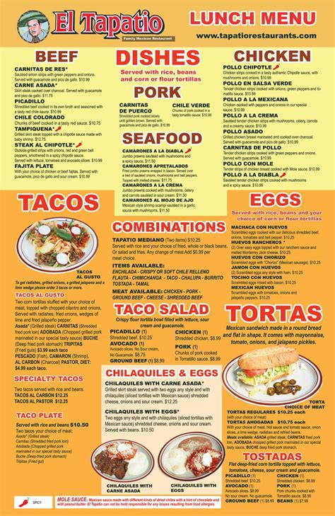 El tapatio wichita falls menu. full menu. HOUSE SPECIALTIES * These items may be served Raw or undercooked, or contain raw or undercooked ingredients. EL TAPATIO SPECIAL Cheese Quesadilla topped with steak or chicken, bell … 