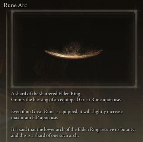 Elden ring rune arcs. Upon defeating the area boss, you’ll be rewarded with Runes and an Elden Ring Rune Arc, and be sent back to your own world. Using this method, you’re basically able to farm as many Rune Arcs ... 