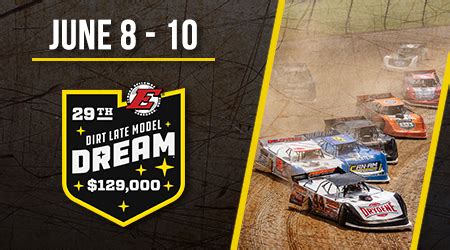SATURDAY, JUNE 10: The 29th Dirt Late Model Dream will feature the traditional six heat race format (with lineups seeded by the points garnered the previous two days), plus two b-mains and the 100-lap main event worth $129,000! Check This Out: Get tickets and show information for 2023 - DREAM - Eldora Speedway.. 