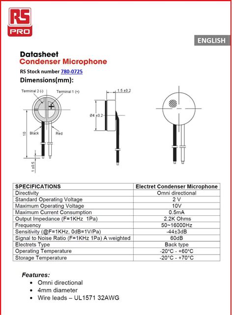 Electret microphone datasheet.  The datasheet also includes Microphone may easily be...