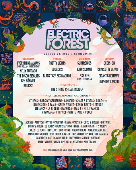 Electric forest 2024 lineup. Electric Forest is a multi-genre music festival produced by Madison House Presents and Insomniac Events with a focus on electronic music and jam band genres.. Originally named Rothbury Festival in 2008, it is held in Rothbury, Michigan at the Double JJ Resort.Rothbury Music Festival took place in 2008 and 2009 and was … 