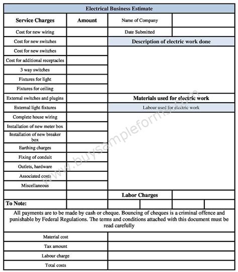 Electrical Business Estimate Form Template in Word Format Sample Forms