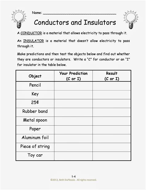 Electrical Conductors And Insulators Worksheet