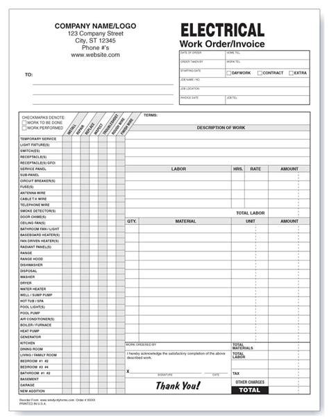 Electrical Service Work Order Form Checklist