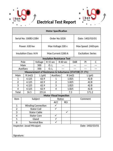 Electrical test report sample.  It includes test results from visual This Elec...